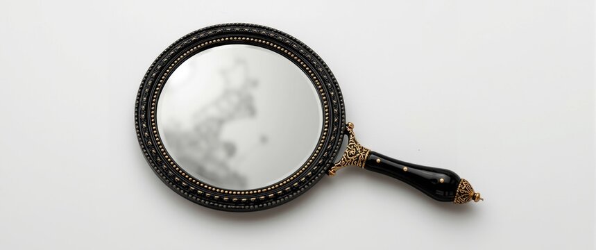 Vintage hand mirror with ornate black and gold design