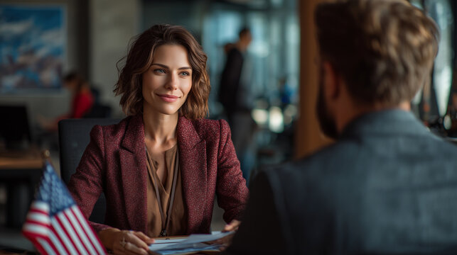 Visa Interview Consulate Official American Flag Professional Meeting Passport Processing Immigration Consultation Office Setting Official Document Review visa, interview, consulate