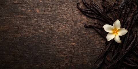 Fototapeta premium Vanilla pods and a white flower on a wooden surface
