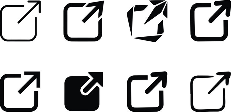 Black and white external link arrow icon collection for open redirect share launch web navigation and user interface symbols set