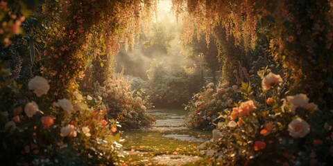 Obraz premium magical garden setting for maternity and wedding photography featuring soft flowers