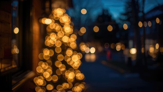 Christmas tree decorated with lights in evening street setting