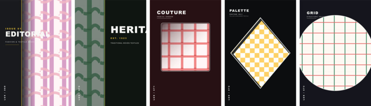 Editorial design layouts featuring geometric patterns and textile motifs