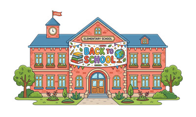 Fototapeta premium Classic Brick Elementary School Building with Back to School Banner