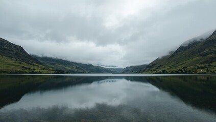 Obraz premium Cloudy lake reflecting mountains and sky in Norway