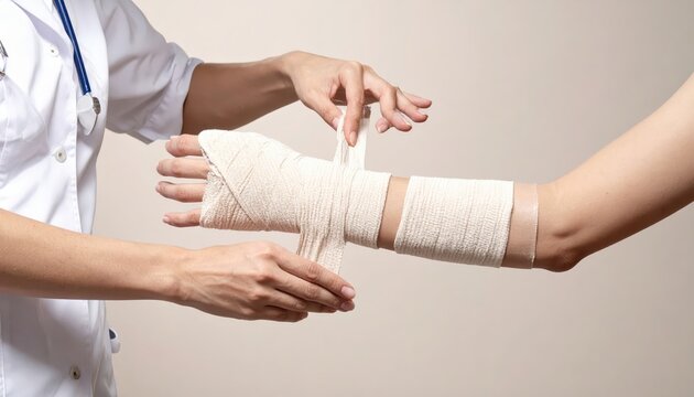 Careful application of medical bandage to injured arm and hand for healing