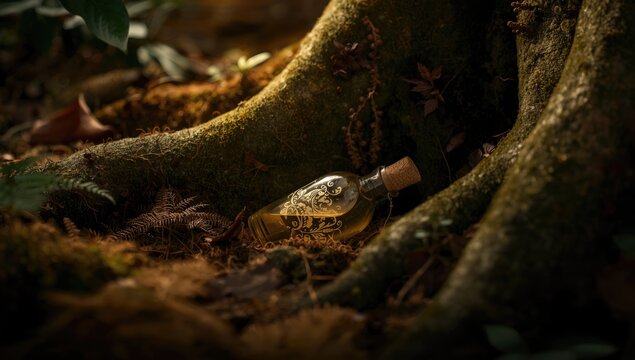 Mysterious enchanted elixir lying deep inside wooded area with copy space for text
