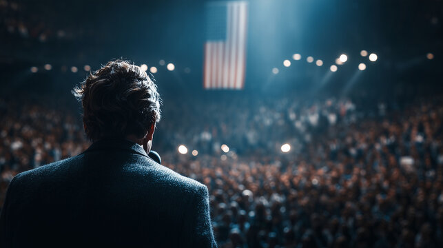 Speaker addressing an audience on stage with an American flag. Keywords (50): speaker, presentation, stage, podium, audience, crowd, viewers, American flag, USA, political event, c