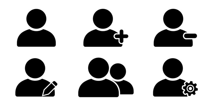 User account management icon set with add member, remove, edit profile, group and settings symbols. User profile management icons for app, web and dashboard UI