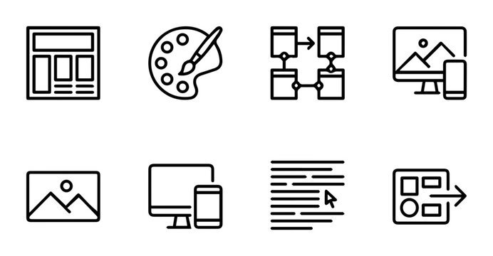 Web Design Icons Set, UI UX Elements, Digital Art Tools, Responsive Layouts, Vector Graphics Collection