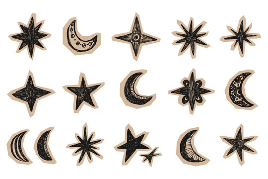 Scrapbook collage cutout sparkles and moon set. Hand drawn celestial sticker set with sketchy stars, crescent moons, and sunburst for boho decor, planners, scrapbooking, nursery prints