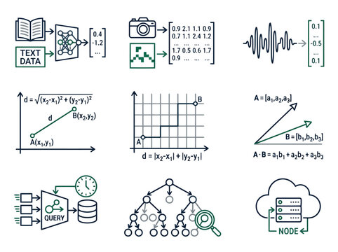 Set of machine learning and data science algorithm icons for technology