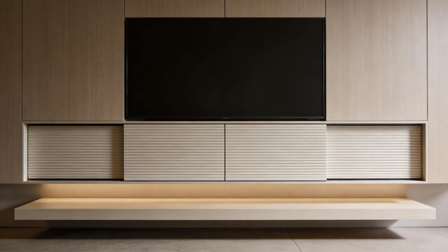 Modern minimalist TV wall unit with wooden panels