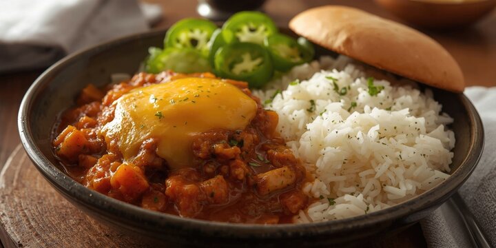 Homestyle loco moco bowl with cheeseburger and steamed white rice