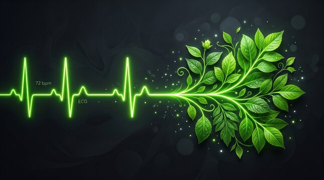 Glowing green heartbeat EKG pulse line transforming into vibrant lush leaves representing ecological health and sustainable life vitality
