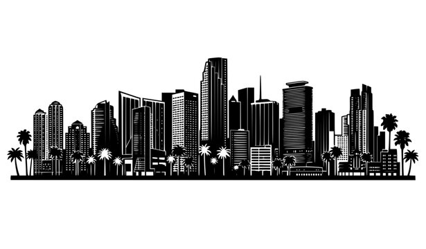 Miami Florida Skyline Vector Silhouette with Skyscrapers and Palm Trees
