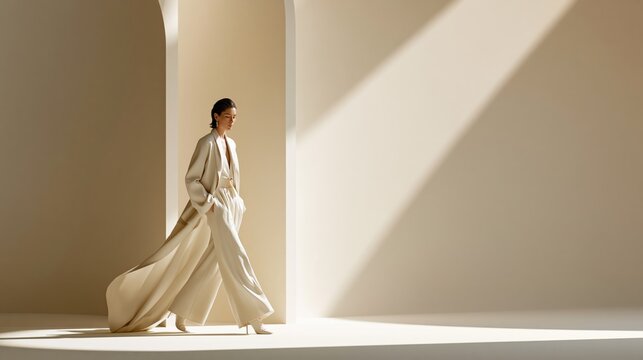 Elegant woman walking confidently through minimalist luxury environment, positioned on left third of frame, calm expression, soft motion in clothing, large negative space, editorial fashion style