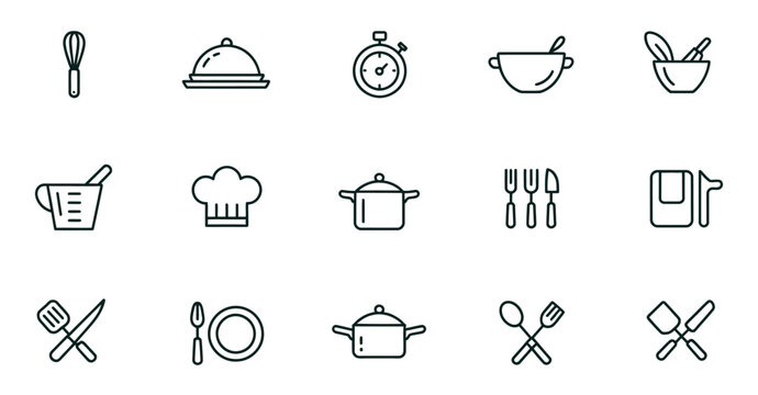 Kitchen And Cooking Line Icon Set Featuring Chef Hat, Culinary Tools, Whisk, Spatula, Frying Pan And Measuring Cup For Restaurant And Food Preparation.
