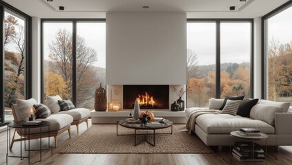 Fototapeta premium Cozy living room with fireplace and autumn scenery outside