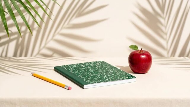 Green composition notebook with yellow pencil and red apple on light table with palm shadow. Back to school supplies for education and learning. Fresh academic start and student preparation concept