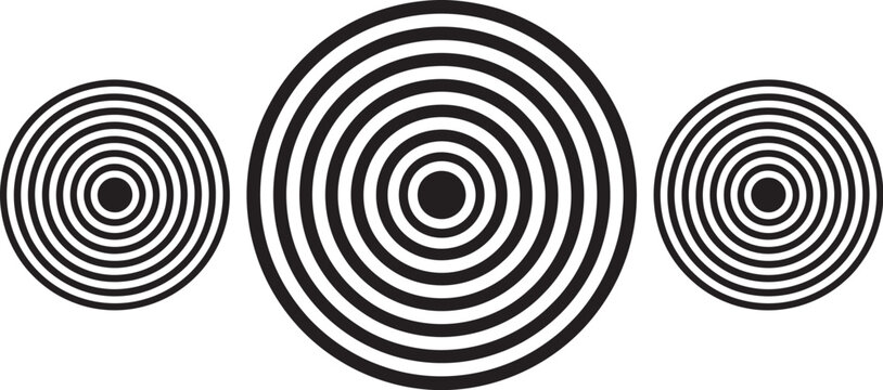 Concentric ripple circles set featuring radial signal and vibration elements, hypnotic vertigo spirals, sound wave rings and retro halftone vector textures for abstract design concepts.