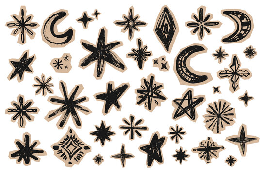 Scrapbook cutout sparkles. Hand drawn celestial doodle collection with stars moons and abstract symbols in black ink over beige cutout shapes on white background for playful boho design layouts. 