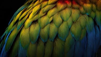Obraz premium Colorful feathers of a parrot against a dark background