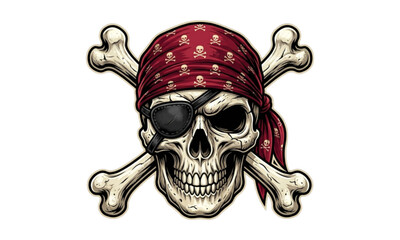 Fototapeta premium Badass Pirate Skull with Red Bandana and Eye Patch Vector Logo