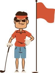 Fototapeta premium Cartoon confident golfer man standing near hole with flag vector