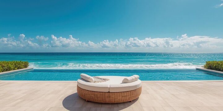 Upscale tropical resort with peaceful poolside daybed facing gentle waves and clear sky