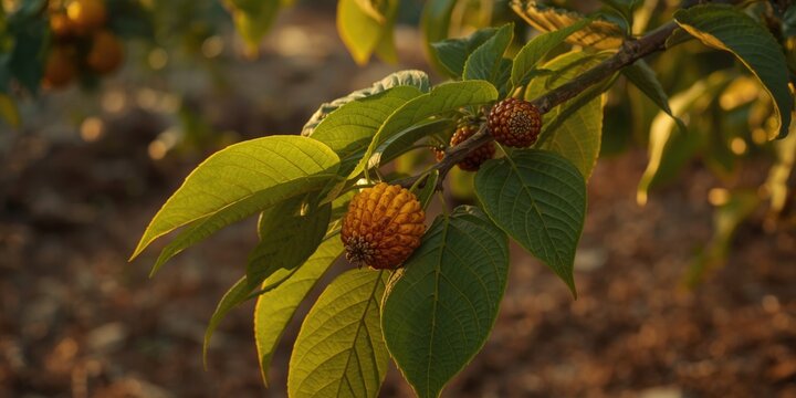 Traditional medicinal use of copaiba branch featuring fresh green foliage and mature fruit cluster