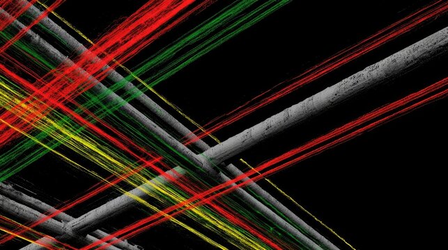 Abstract crossing lines of red, green, and yellow on a textured grey structure