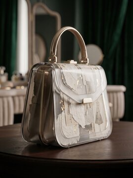 Elegant clear acrylic handbag sitting on a wooden table in a luxury room