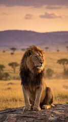 Majestic Lion in the Savanna: A magnificent male lion strides purposefully along a dirt path in the heart of the savanna, his golden mane gleaming in the warm light of the golden hour. © BABAY