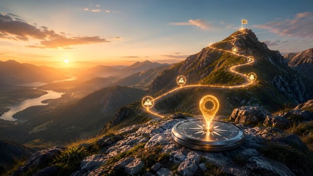 Journey to Success: Compass and Glowing Path Leading to Mountain Summit Flag at Sunrise