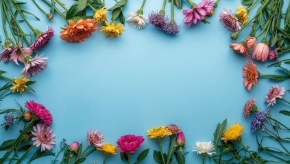 Fototapeta premium Colorful flowers arranged on a blue background