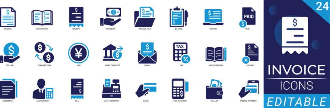 Invoice Solid Icon Set, bill, payment, tax, cash, Glyphs for Web