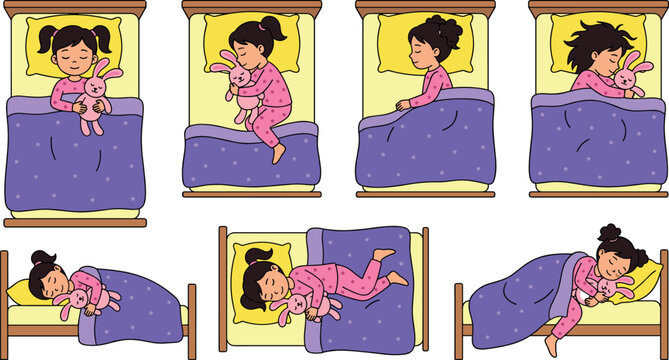 Cute Little Girl Sleeping in Bed Vector Set with Different Sleep Positions Hugging Pink Plush Bunny Toy Isolated on White Background