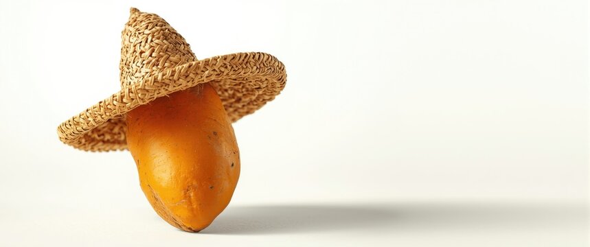Whimsical sweet potato with a traditional peasant hat against a white background
