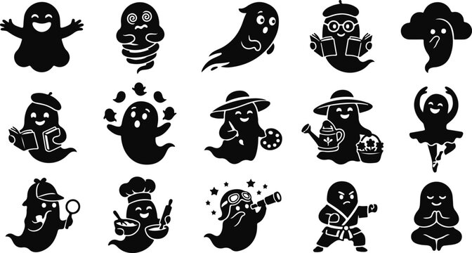 Cute Halloween Ghost Silhouette Bundle &ndash; Funny Ghost SVG, Kawaii Spirit Vector Clipart Set for Cricut