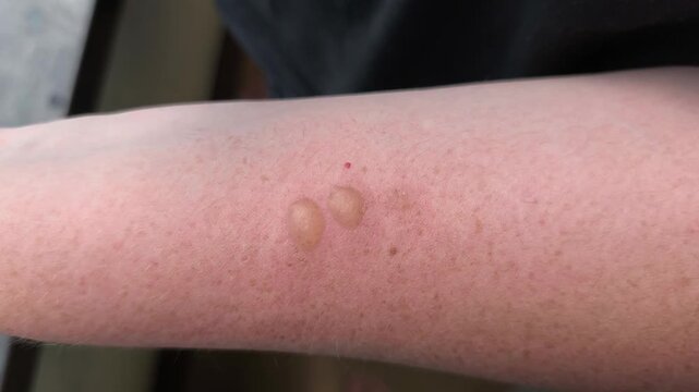 Close-up of two large blisters on a freckled arm. Person touching and pressing fluid-filled skin injury. Medical and dermatology concept. Burn or allergic reaction on human skin