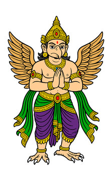Garuda Mascot Character with Namaste Gesture Cartoon Vector Illustration