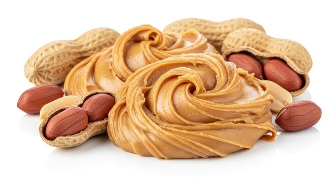 A close-up shot of peanut butter and whole peanuts on a white surface. The peanut butter is swirled and spread in a decorative pattern, while the peanuts are scattered around it.