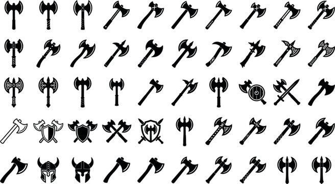 Medieval Axe and Viking Weapon Silhouette Icon Set with Battleaxes Hatchets Tomahawks Shields Helmets and Ancient Warrior Equipment Black Vector GraphicsMedieval Axe and Viking Weapon Silhouette Icon 