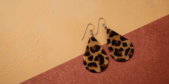 Trendy leopard print earrings on a warm beige and brown surface including copy space for text modern accessories