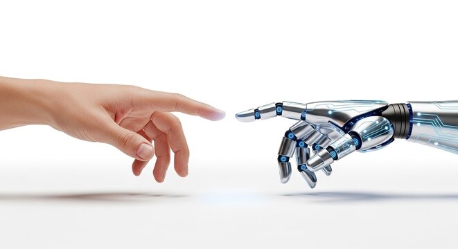 A robotic hand reaches out to touch a human hand. The two hands are positioned close together, suggesting a connection or interaction.