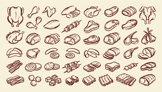 Meat cuts doodle vector illustration set with hand drawn butcher poultry steak bacon sausage and barbecue icons
