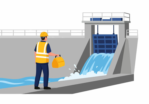 Engineer monitoring water dam and floodgate operation