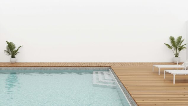 Minimalist style swimming area with wooden deck and free space wall for advertisements