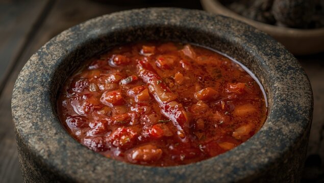 Spicy rujak sauce with fresh red chili served in rustic stone mortar